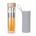 garrafa de água com tampa de madeira 500ml de parede dupla infusora de vidro garrafa de chá de vidro